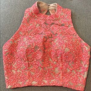 Pink Embroidered Beaded Junior Teen Cropped Top Coachella, Vacation, Prom, Boho